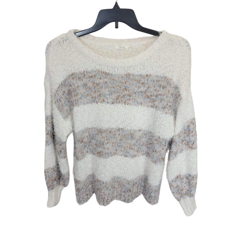 Maurices Gray White Brown Striped Fuzzy Lantern Sleeve Sweater Women's Size XL